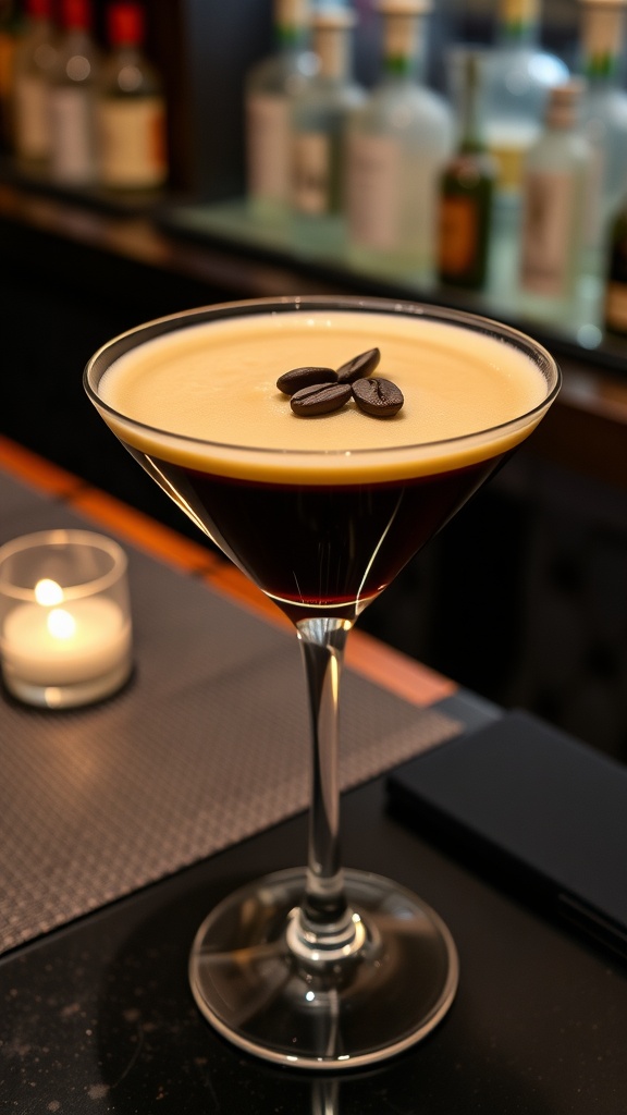 An Espresso Martini in a martini glass with coffee beans on top, set in a chic bar environment.